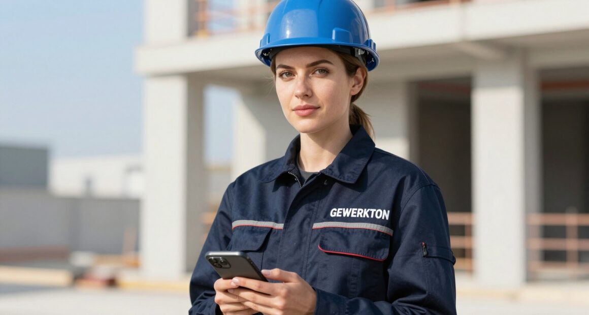 Site manager in a blue hard hat and a navy work jacket with GEWERKTON lettering holding a smartphone on a construction site
