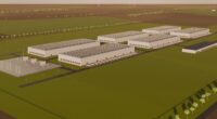 Aerial render of a fictional data center campus with six white halls, a substation and green fields around it